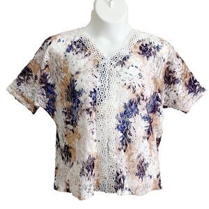 Adrienne Vittadini Blouse Womens Large Mesh Floral & Lace V-Neck Short Sleeve